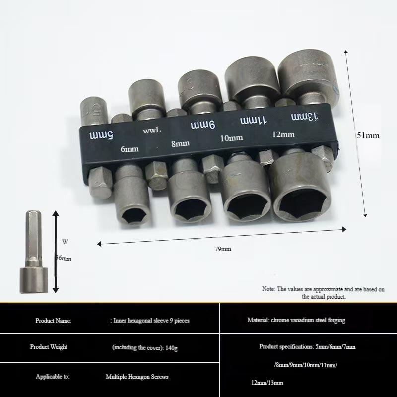 9/14 piece socket set, Hex Key Set 5 mm-13 mm,, Multi-Functional Screwdrivers Made of High Carbon Steel for Power Tools