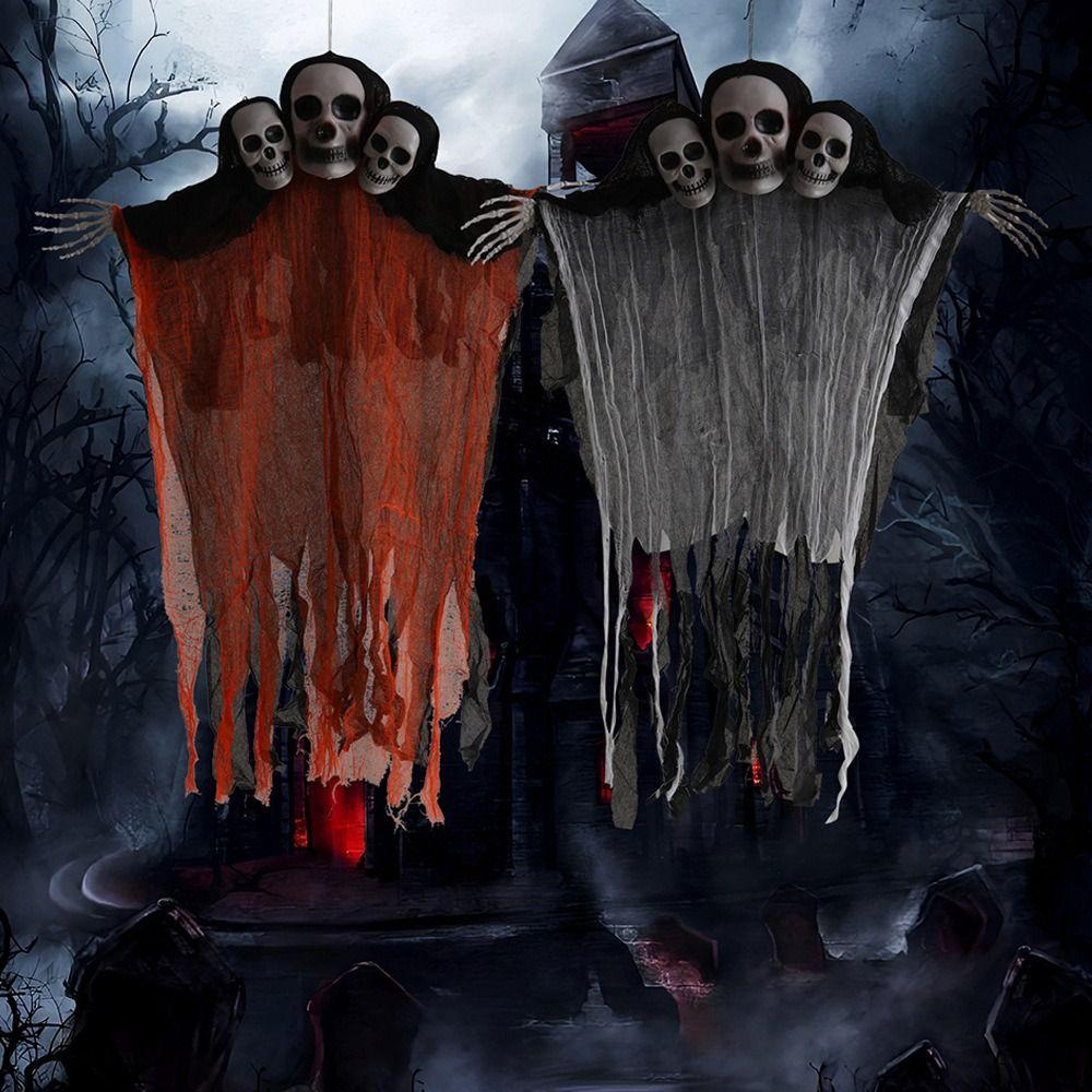 Cloth Halloween Hanging Ghost Skull Funny Halloween Pendant 3 Heads Ghost Skull Ornament Party