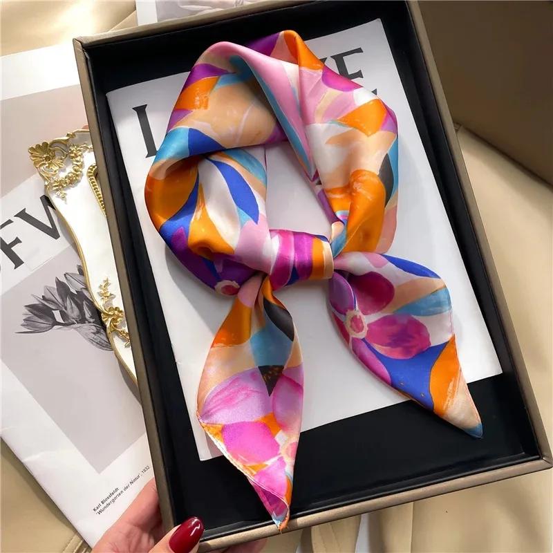 Luxury Brand  Square Scarf Women Cat Neck Hair Tie Band Beach Hijab Kerchief Head Headbands Bandana Female Foulard 70cm
