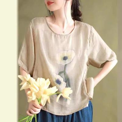 Damen Vintage T-Shirts Halbarm Druck Blumen Sommer O-Ausschnitt Locker Lässig Weiche T-Shirts