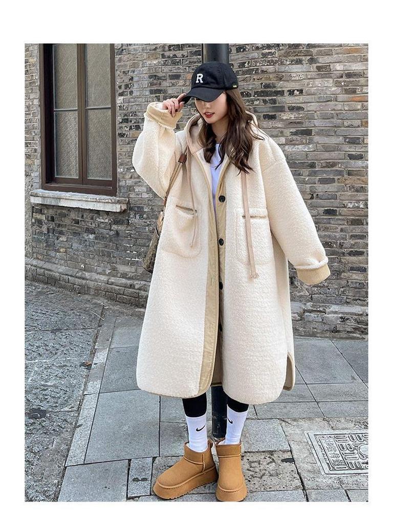 Beige Hooded Lambswool Mid-Length Coat - Thickened Korean Style, Loose Fit, Autumn/Winter Plush Jacket