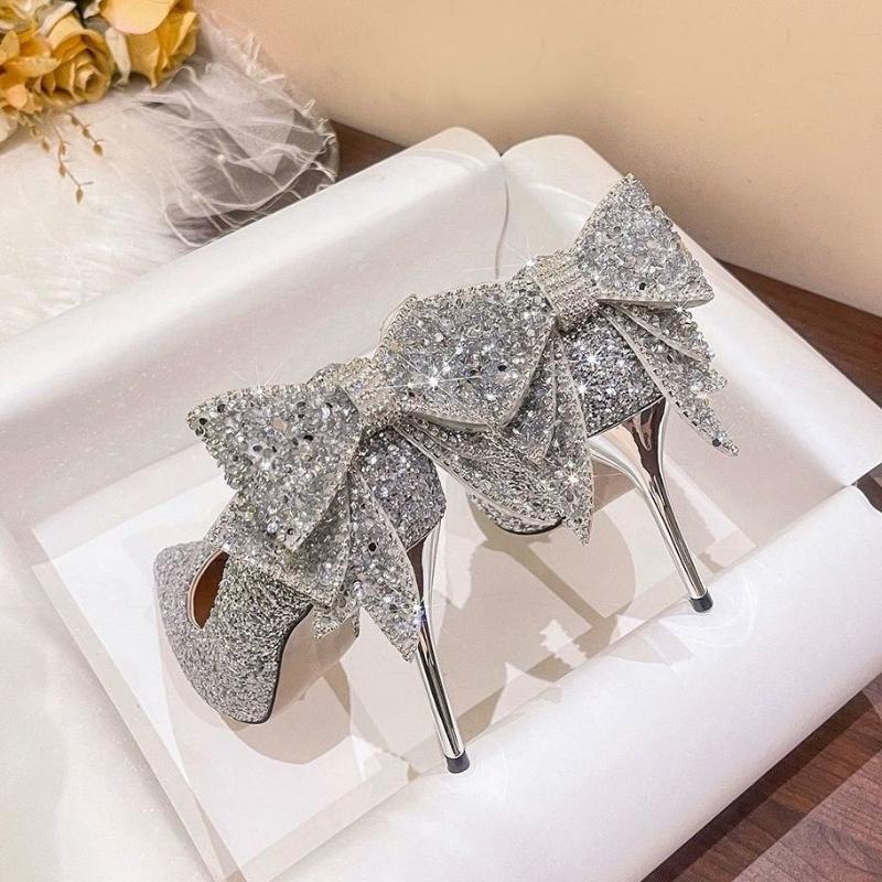 High Heels  New Spring and Autumn Sequin Diamond Crystal Wedding Shoes with Two Brides Wedding Dress