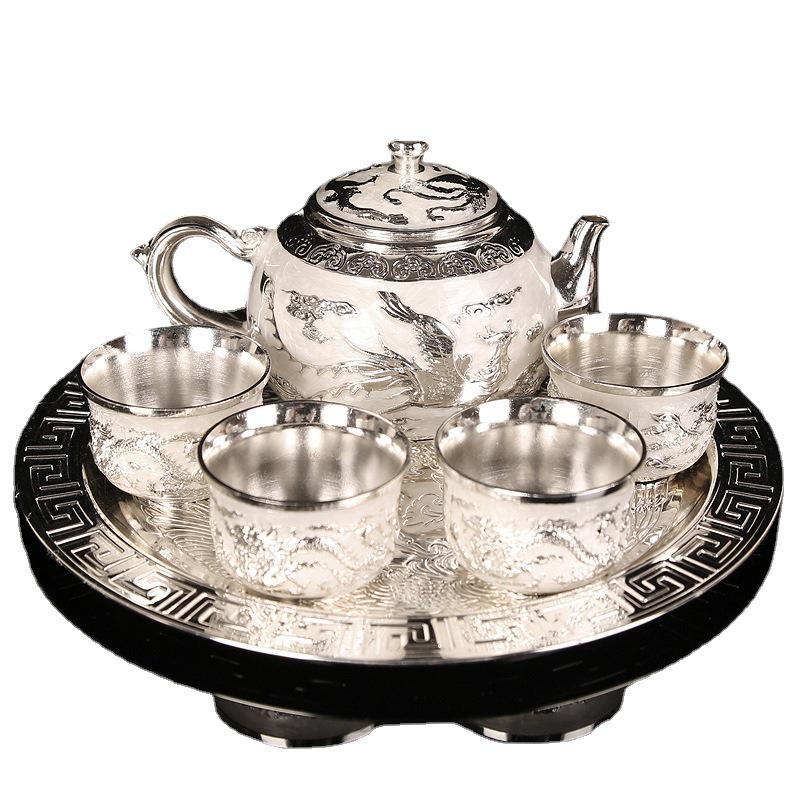 Dragon & Phoenix Sterling Silver Tea & Wine Set: 1 Plate, 1 Pot, 4 Cups in Chinese Gift Box