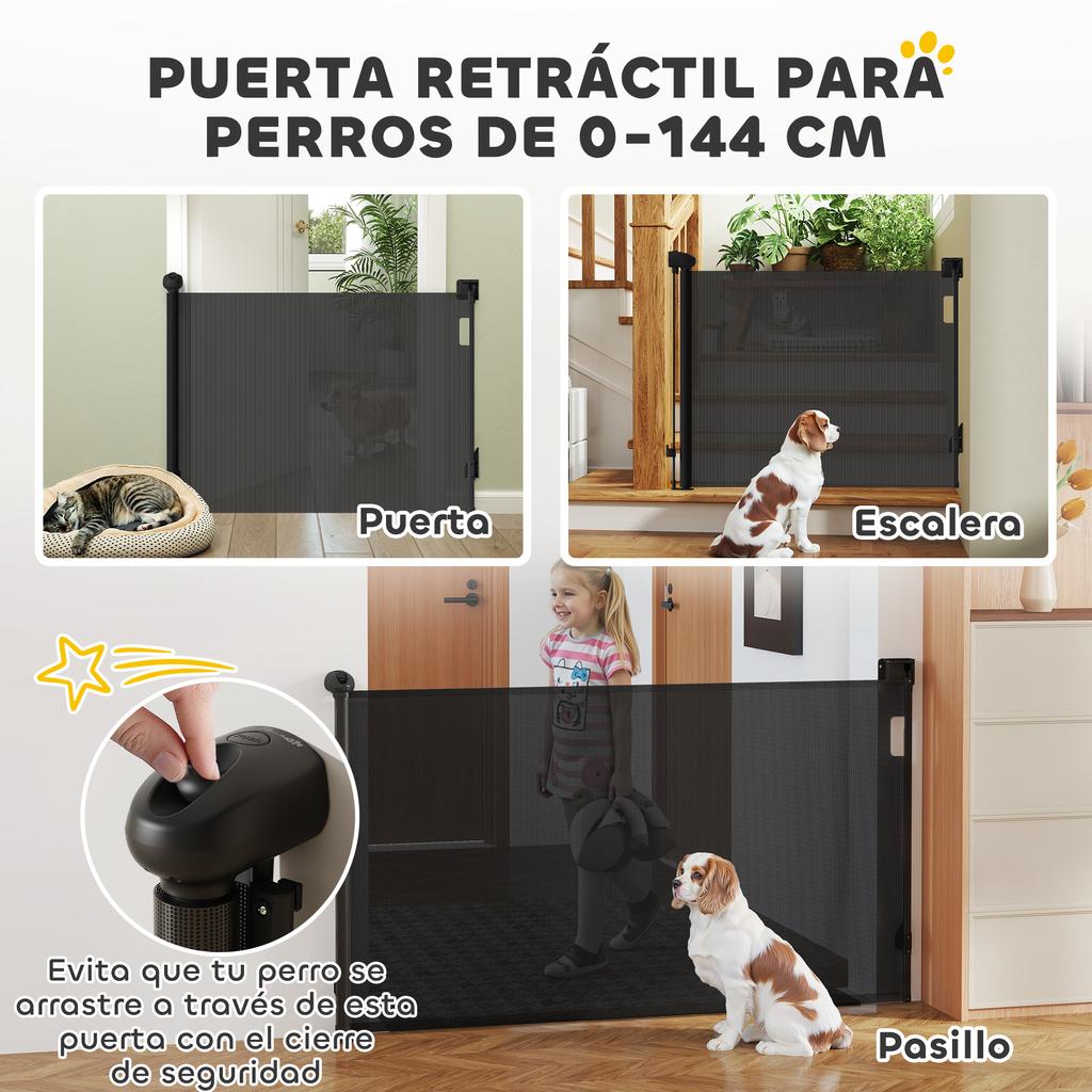 Retractable Dog Barrier 0-140 Cm Safety Barrier with Locking Switch for Doors and Stairs Black