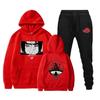 Mangaportrait Men Hoodie & Jogger Set, B&W Anime Face Art and Red Circle Back Print, Thick Fleece Two Piece Outfit for Anime Street Sports