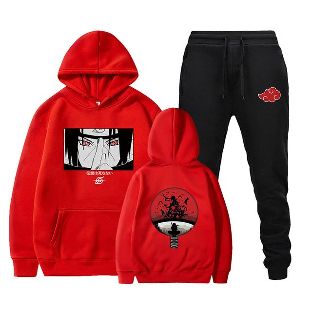 Mangaportrait Men Hoodie & Jogger Set, B&W Anime Face Art and Red Circle Back Print, Thick Fleece Two Piece Outfit for Anime Street Sports