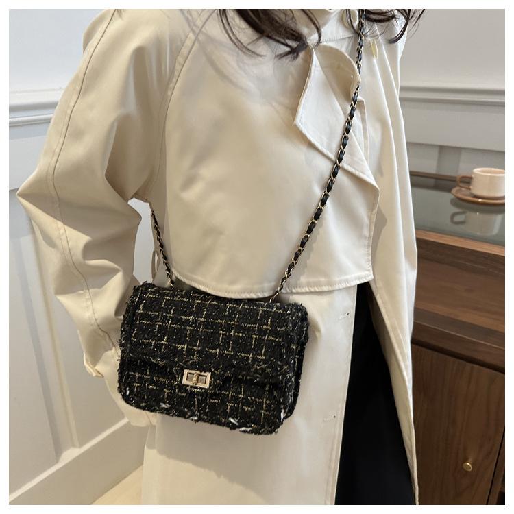 Women's Tweed Chain Small Square Bag Fashionable Single Shoulder Crossbody Bag Vintage Minimalist Handbag