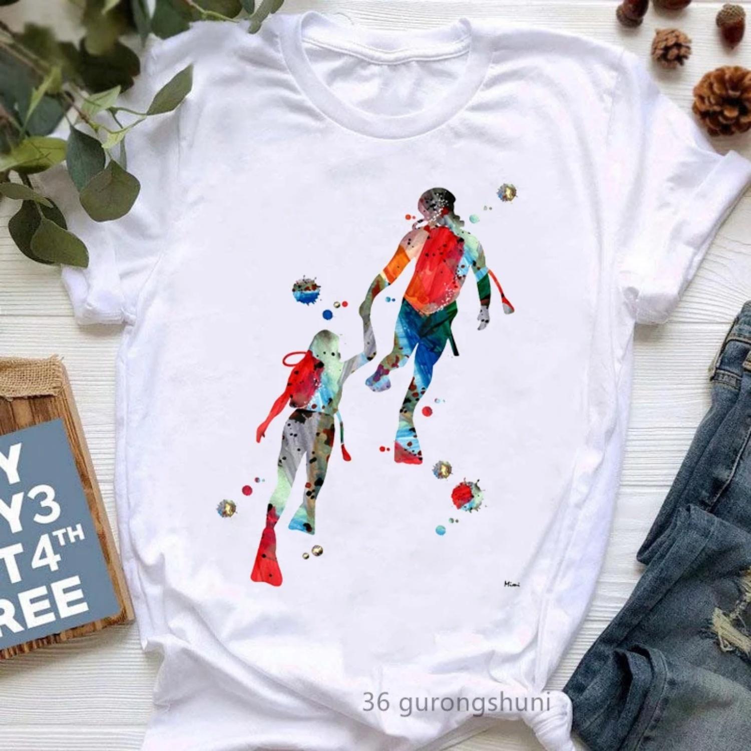 2024Hot Sale Funny Tshirt Women Watercolor Scuba Divers Couple Lover T Shirt Femme Summer Fashion Cool T-Shirt Female Wholesale XXXXXL белый 1630₽