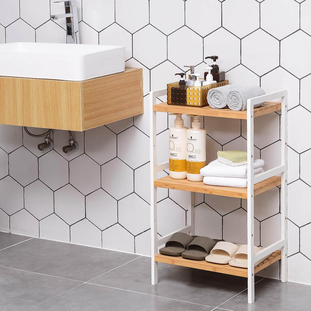 SONGMICS 3-Tier Bamboo Storage Rack for Bathroom, Kitchen, Bedroom, 45 X 31.5 X 80 Cm Natural Grain and White