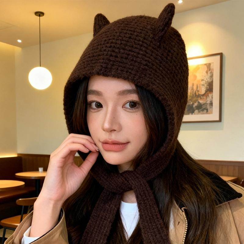 Lovely Devil Ear Knit Hat With Neck Wrap Breathable Pullover Hat For Women Daily Outfit and Outdoor Cycling Walking