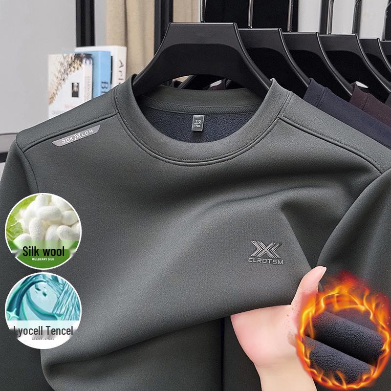 Men's High-End Wool-Blend Mulberry Silk Fleece-Lined Long-Sleeve Sweatshirt