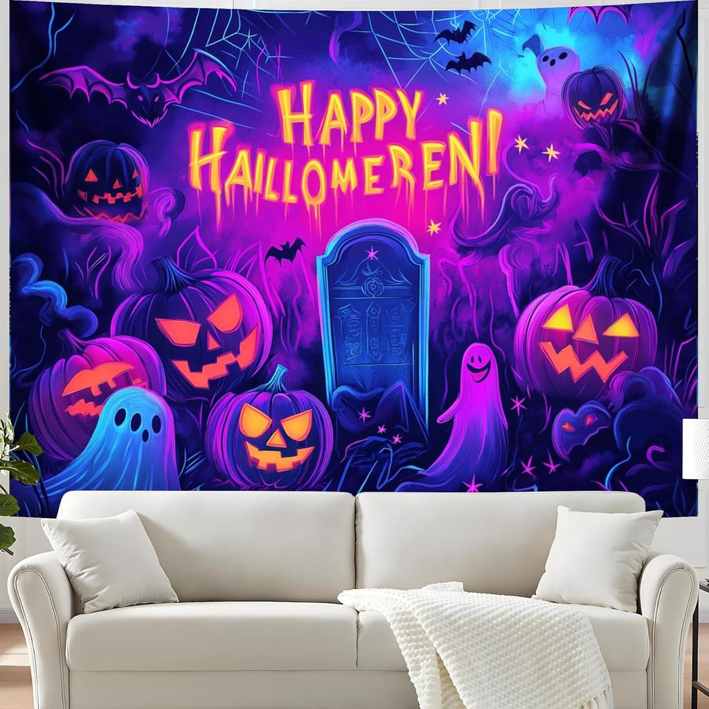 BVBOX Blacklight Halloween TapestryUV Reactive Glow In The Dark Black Light Trippy Tapestry Posters for Living Room, B