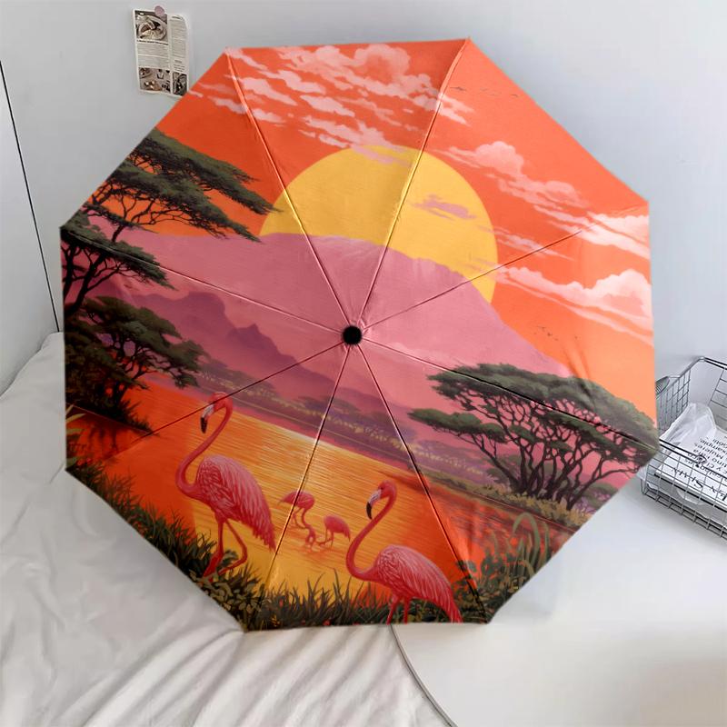 Animals and Sunset Pattern, Automatic Folding Umbrella, Portable and Foldable Design, 8 Ribs, a Christmas or Birthday Gift.