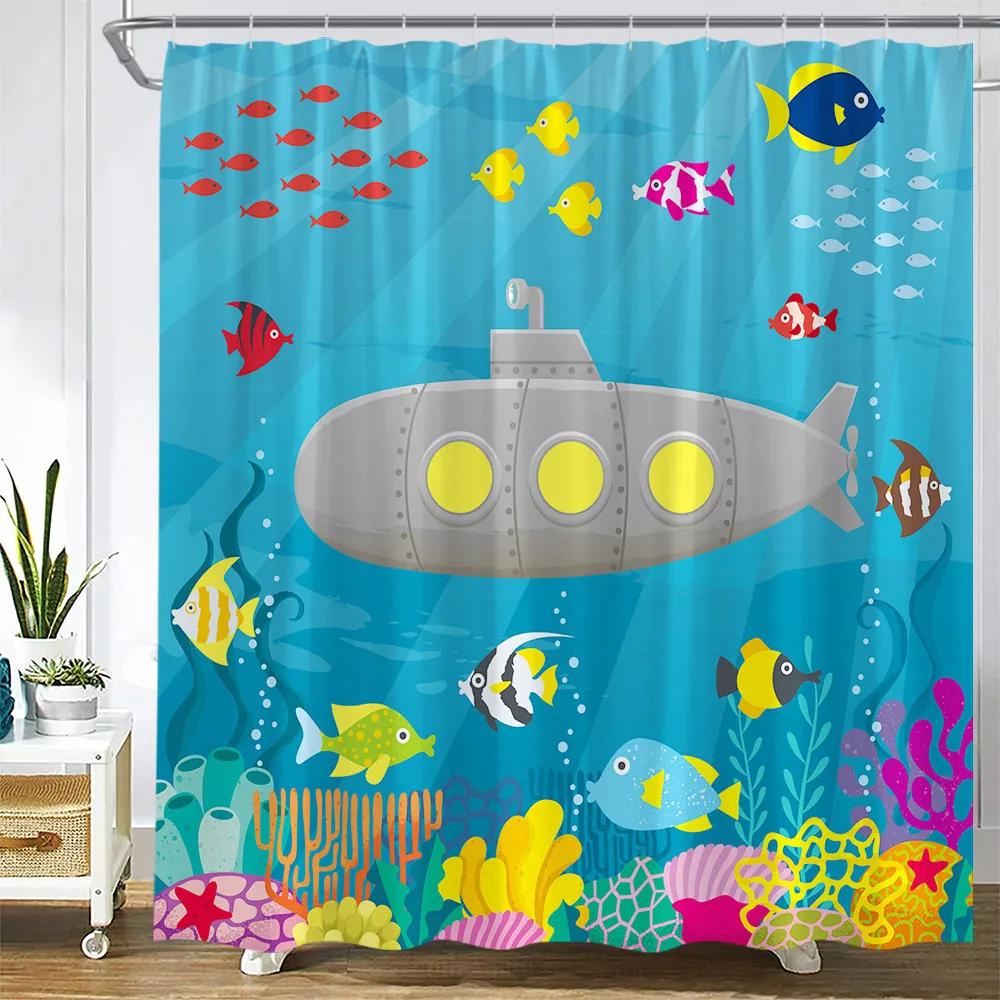 Cartoon Hand-Painted Animal Shower Curtain Cat Bird Rabbit Plant Flower Child Bathroom Decoration with Hook Bath Hanging Screen