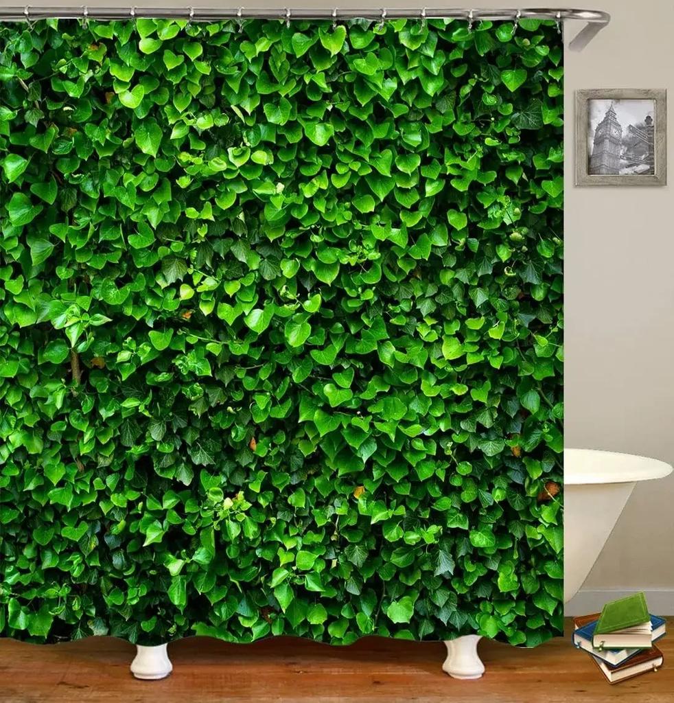 Nature-Inspired Shower Curtain for a Rustic Bathroom, Featuring Lush Green Vines on a Stone Wall. This Vibrant Design Adds