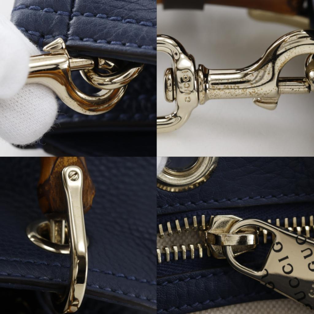 GUCCI Bamboo shopper small tote Handbag 336032 2WAYShoulder Navy blue Calfskin Women Used
