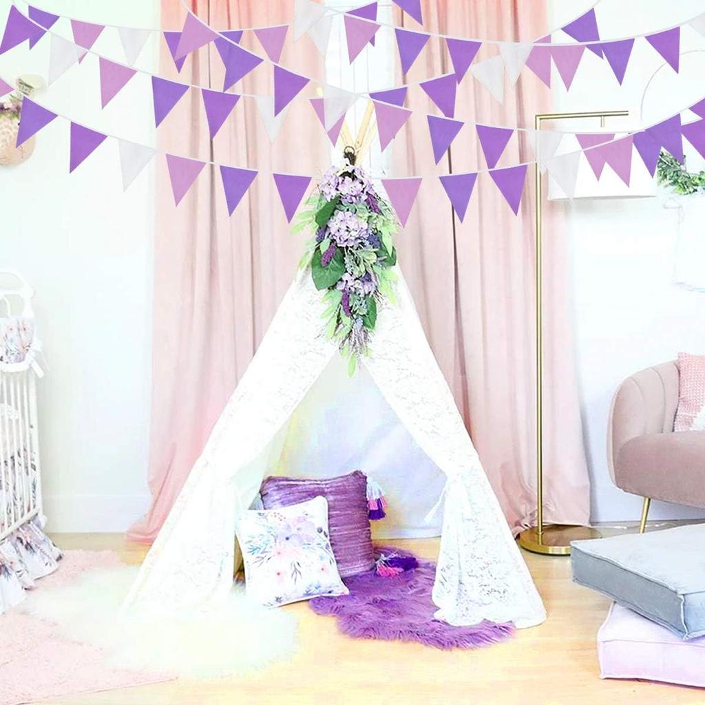 10M/32Ft Purple and White Pennant Banner Fabric Triangle Flag Cotton Cloth Bunting Garland Kit for Wedding Birthday Lavender Party Home Nursery