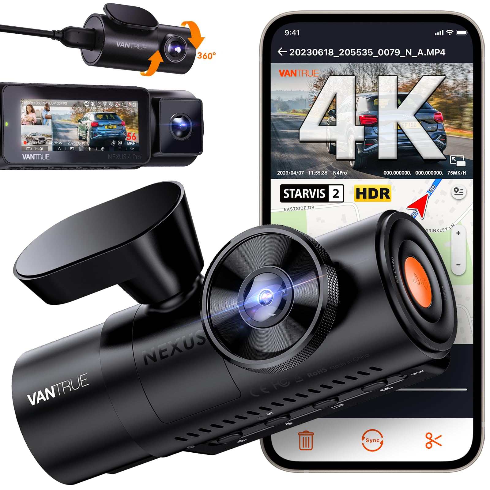 

4K UHD 8 million pixels 3 cameras Drive recorder with WiFi STARVIS 2 IMX678 sensor VANTRUE N4 Pro Front and rear cameras Drive recorder 4K 1080P 1080P