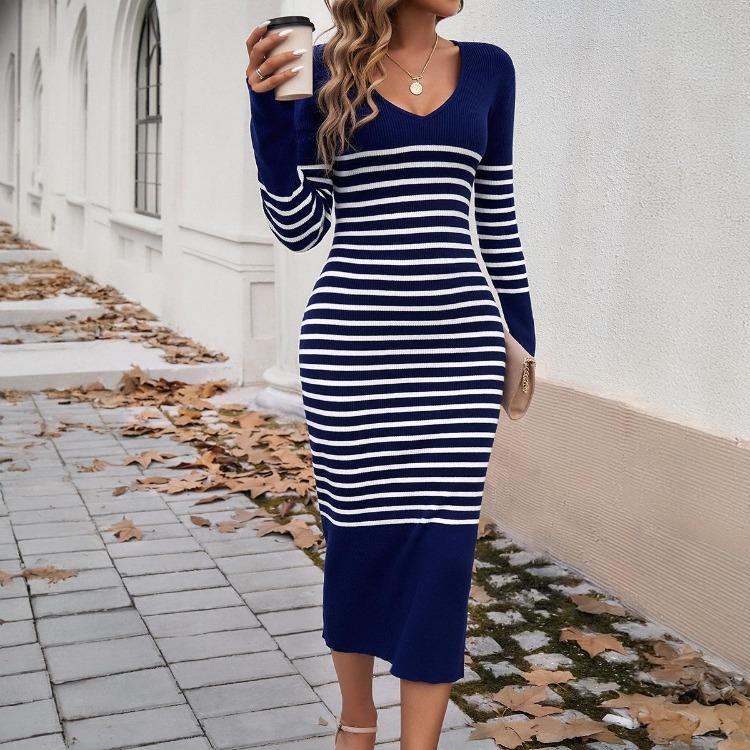 Women's Fall Winter Loose V-Neck Sweater Dress Long Sleeve Knit Wind Suit Elegant Wide Style