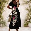 Women Plus Size Black White V Neck Short Sleeve Butterfly Printed Long Dress