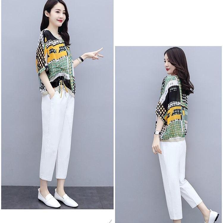 Women's Plus Size Casual Stylish Two-Piece: Five-Sleeve Print T-shirt & Nine-Point Pants Set