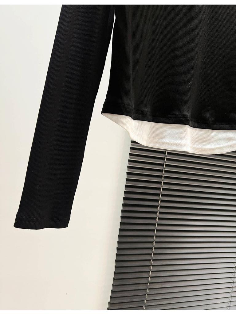 Color-block Women's Long-Sleeve Faux Two-Piece Slim Top for Spring, Autumn, and Winter