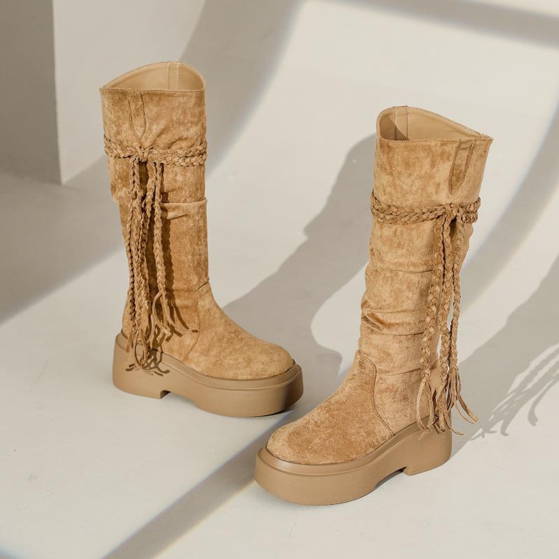 

Retro knight boots 2025 autumn wasteland wind fringed boots but knee thin round head black pile boots 35