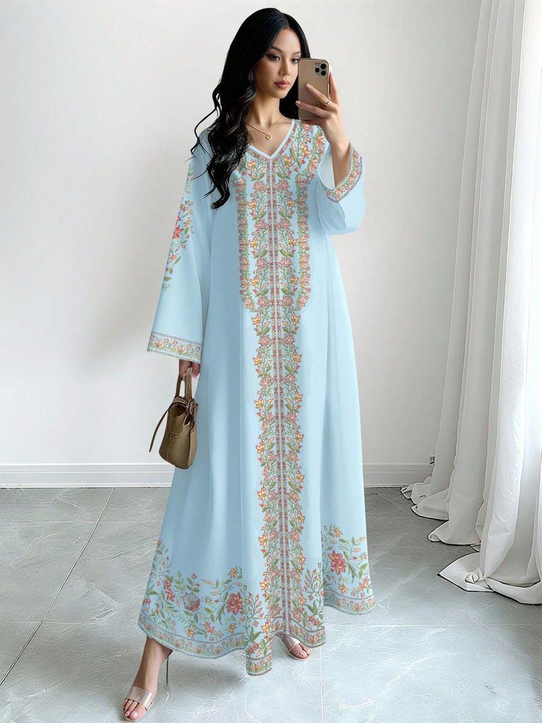 2026 Spring/Autumn Women's Floral Print Muslim Casual V-Neck Loose Bell Sleeve Long Dress