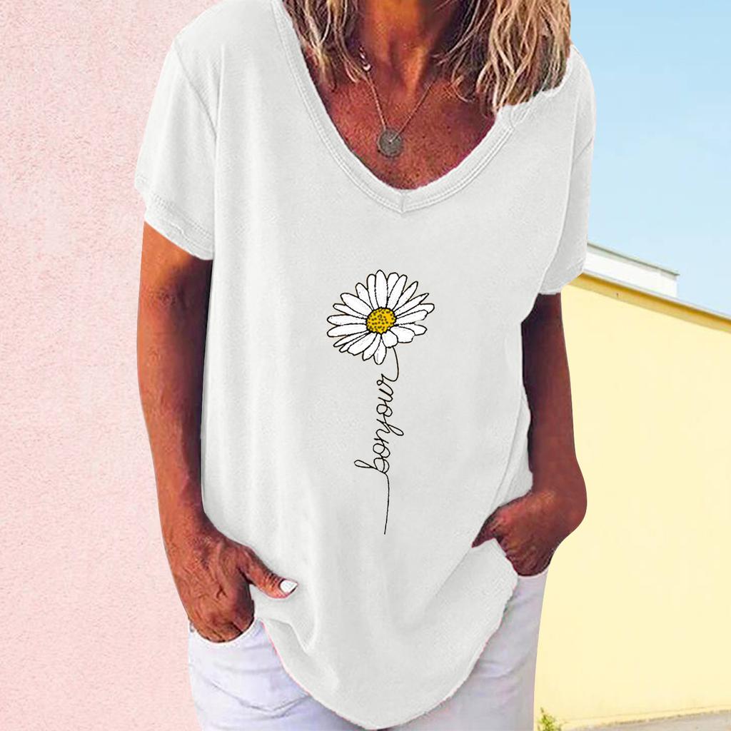 Women V-neck Casual Short-sleeved Small Print Loose Pullover T-shirt Tops
