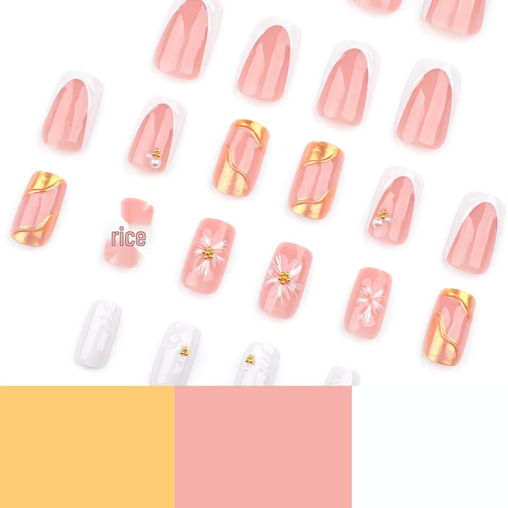 3D French White Wearable Nails with Gold, Flowers & Pearls - Short Rectangular