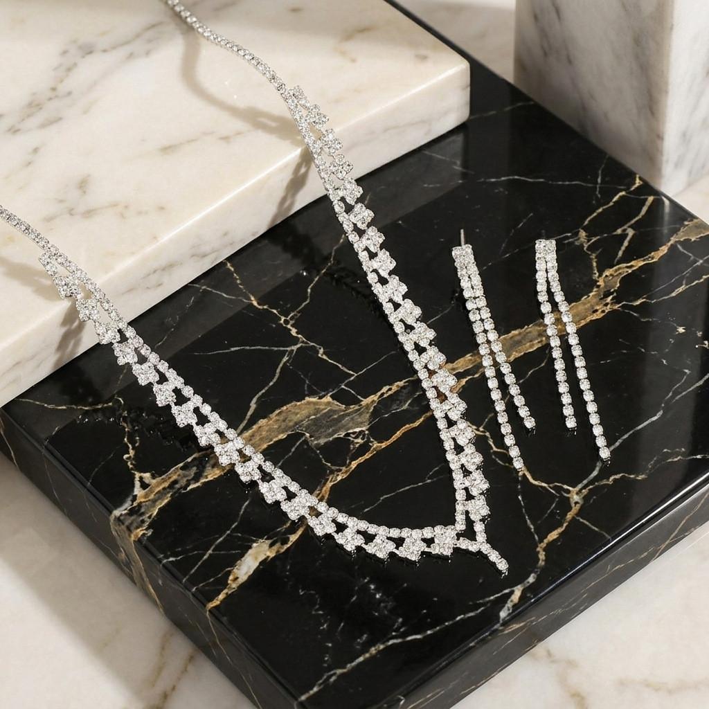 Geometric Alloy Necklace Earrings Set For Wedding With Water Drill Pendants