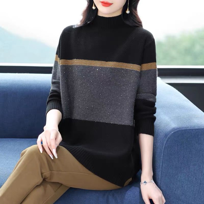 Women's Autumn & Winter Mock Neck Sweater - Mid-Length Loose Plus-Size Mother's Style Color-Block Fashion Thickened Knit Base Layer Top