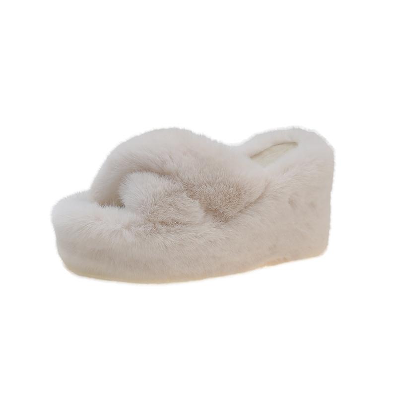 Fashion Aphixta Black Faux Fur 10cm Wedge Heels Slippers Women Winter Mulers Furry Warm Soft Shoe Cross Strap Clog Slides Sexy Shoes