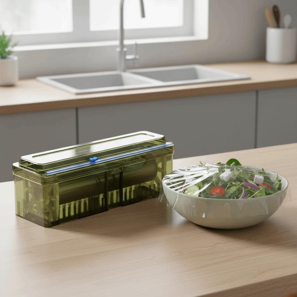 Plastic Cling Wrap Dispenser Refillable Universal Cling Film Cutter Box with Suction Cups Aluminum Foil Film Dispenser Wax Paper