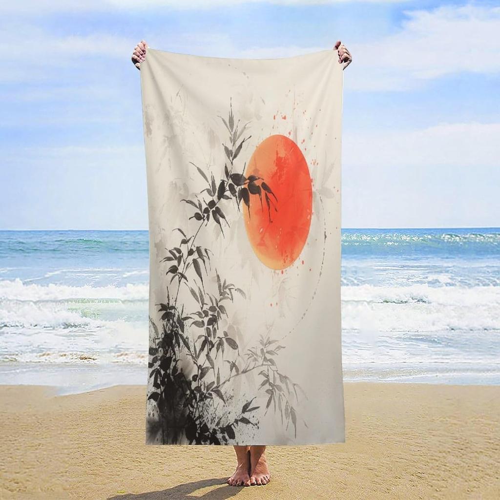Japanese Style Ink Painting Plant Leaves and Sun Beach Towel Traditional Japanese Ink Painting Personalized Beach Towels Sand
