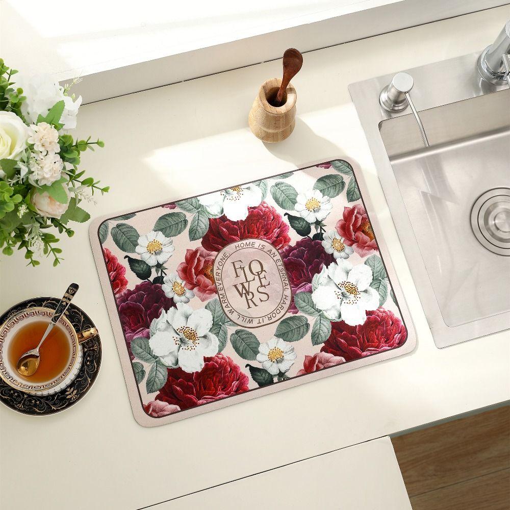 Flower Print Draining Mat Super Absorbent Drain Pad Table Mat Dish Drying Mat  Table Decor