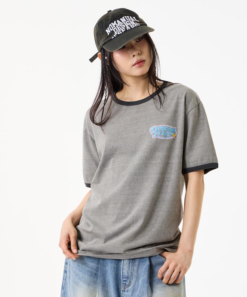 UNKNOWN PLANET [Unp] Pigment-Dyed Graphic Ringer T-Shirt Gray