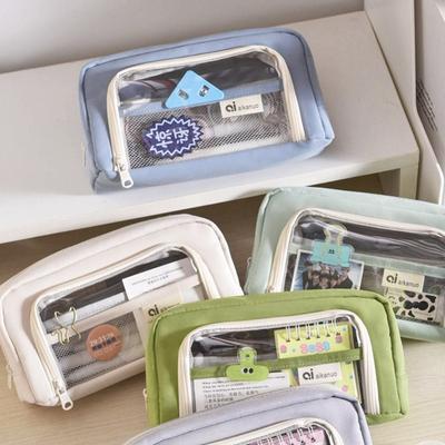 Cute Large Capacity Transparent Pencil Case with Zipper Double Layers Stationery Box Pencil Bag Student