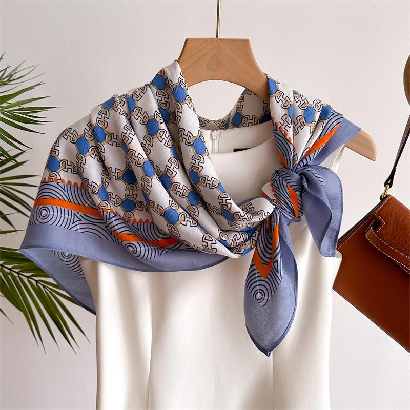 Light Luxury Simple Grid 90 Simulation Silk Large Square Scarf Retro Printed Shawl Versatile Herringbone Scarf Headscarf Women
