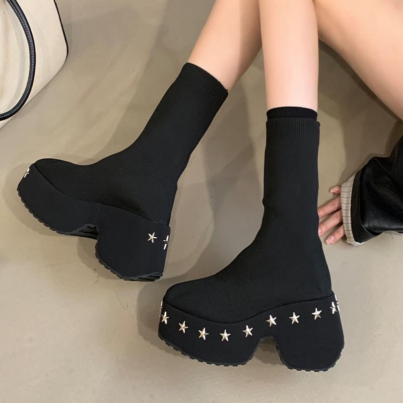 New Thick-Soled Platform Heel Riveted  Ankle Boot Punk-Style Women'S Fall-Winter Stretch Short Boots Heightening Plus Size 42