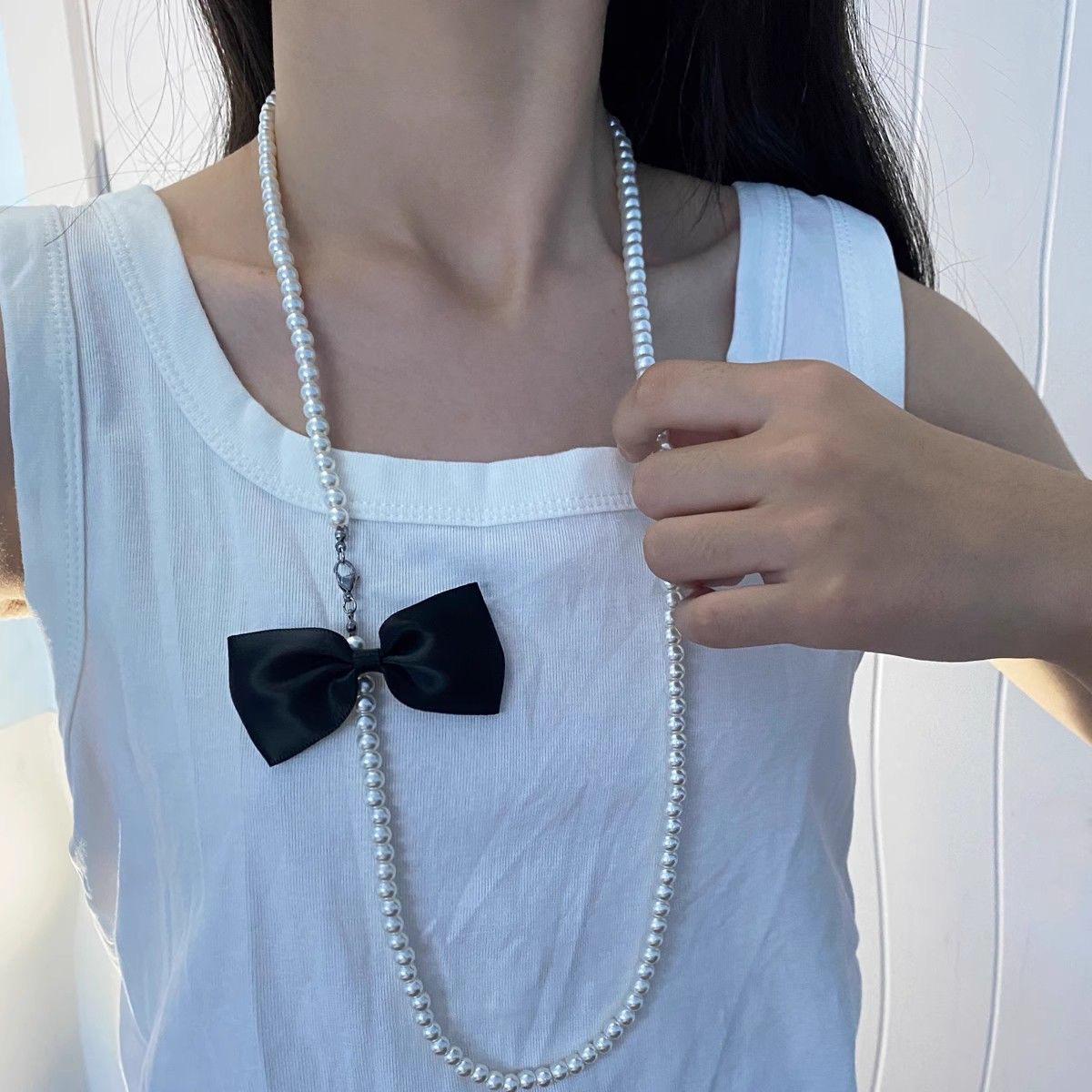 

NK-248 Черное ожерелье из стеклянного жемчуга с бантом, можно носить в несколько рядов - Женская осенне-зимняя цепочка для свитера