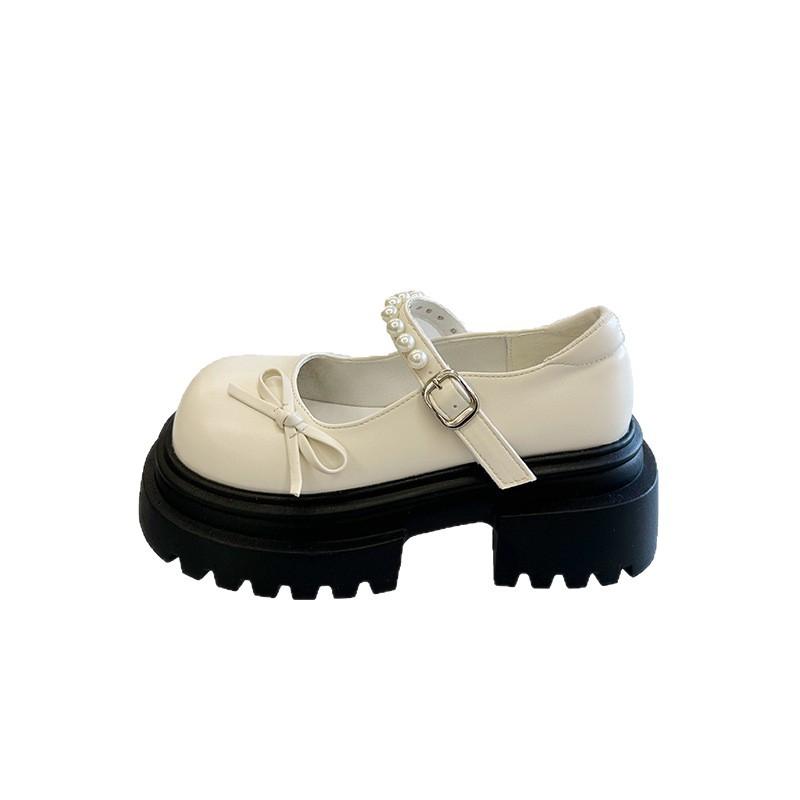Retro bow round head platform small leather shoes women's 2025 new spring and autumn skirt French Mary Jane single shoes