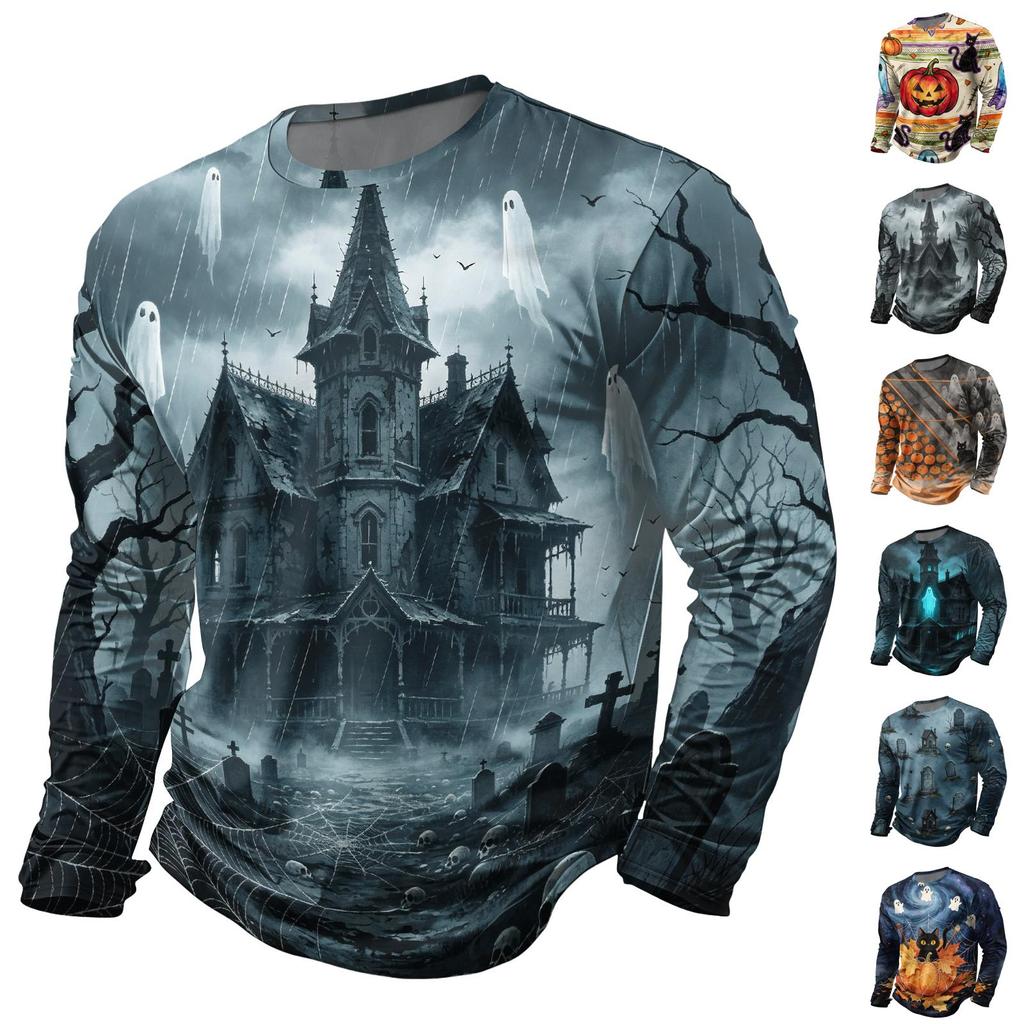 Men's Long Sleeve Halloween Print T-Shirt with Round Neck, Fashion Top for Halloween Events