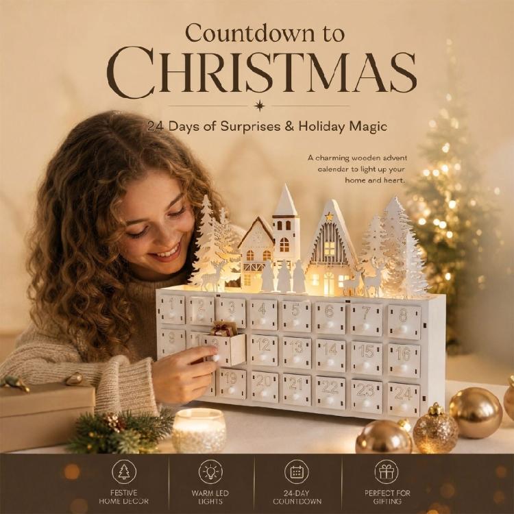 24 Drawer Wooden Advent Calendar In Christmas Village Style, Lighted Indoor Piece for Shelf Display and Daily Seasonal Tradition