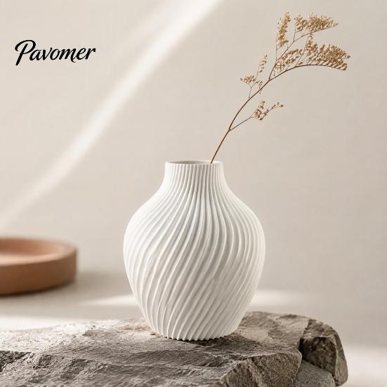 Narrow Neck Vase Modern Spiral Ribbed Vase, 3D Printed Dried Flower Matte White Decorative for Living Room Shelf Table Centerpiece Artistic