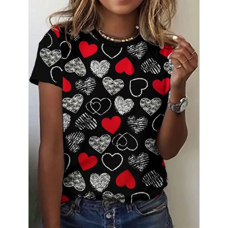 Fashion Women's Clothing Love Short Sleeve Crew Neck Short Sleeve Crew Neck T-Shirt 3D Love Rose Color Printing Rose Short Sleeve Tees