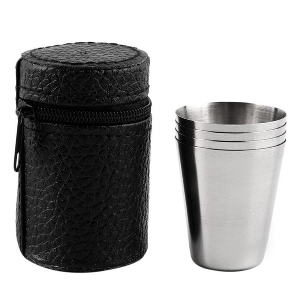 4PcsSet 30ML Stainless Steel Polished Wine Drinking Shot Glasses Cup with Leatherette Cover Case Bag Barware for Home Kitchen Bar