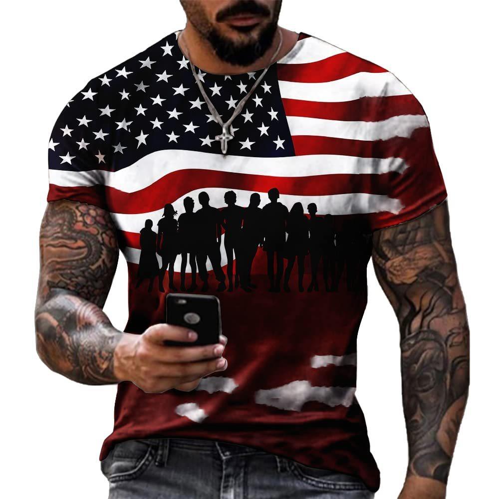 American Flag Pattern 3D Digital Printing Men's Fashionable Round Neck Short Sleeved T-shirt