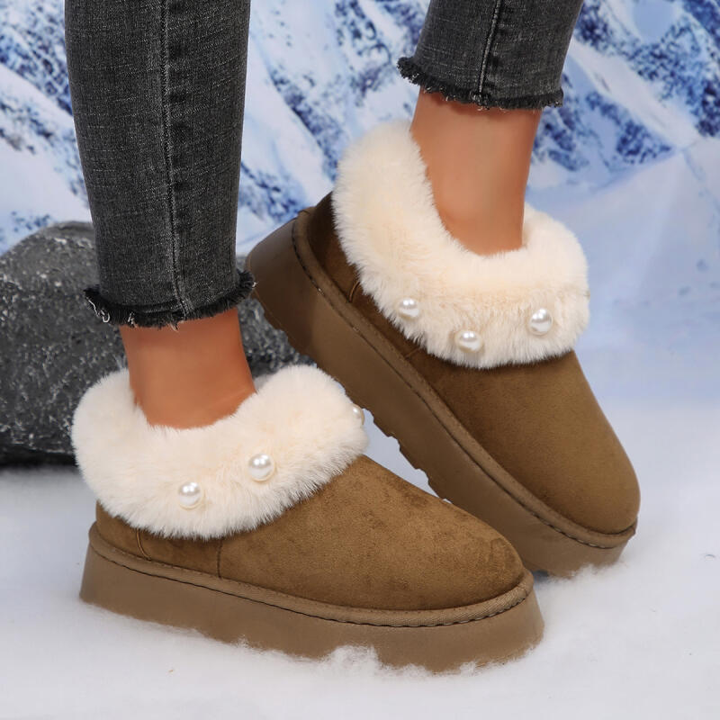 Non Slip Thick Bottom Furry Snow Boots Women 2025 Winter Chunky Platform Wedge Heel Plush Ankle Boots Fluffy Fur Pearl Shoes