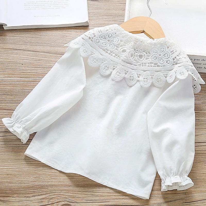 2022 Girls' Long Sleeve Lace White Shirt - Casual Spring Toddler & Student Apparel